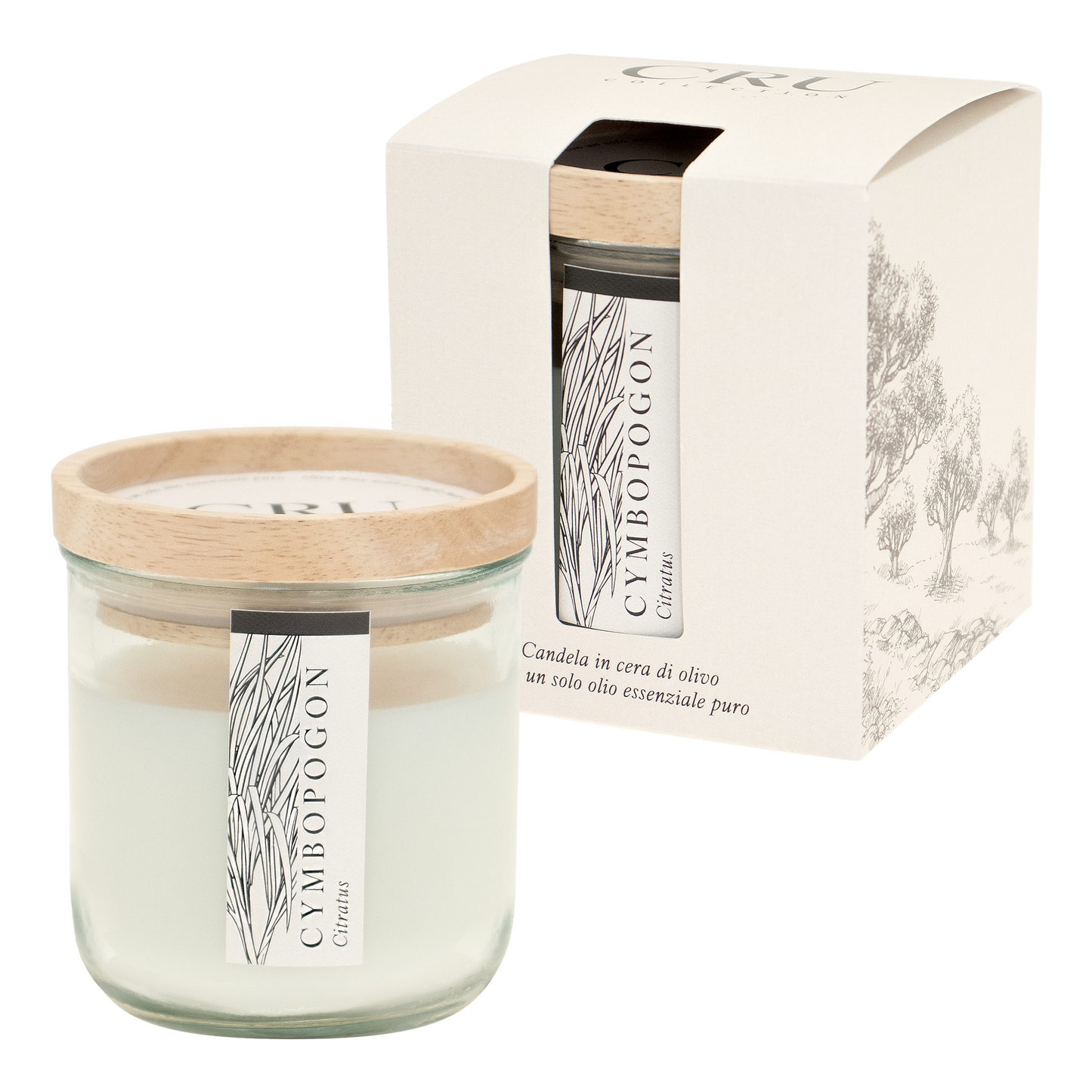 CRU: CANDELA CERA OLIVO 250g con un solo olio essenziale