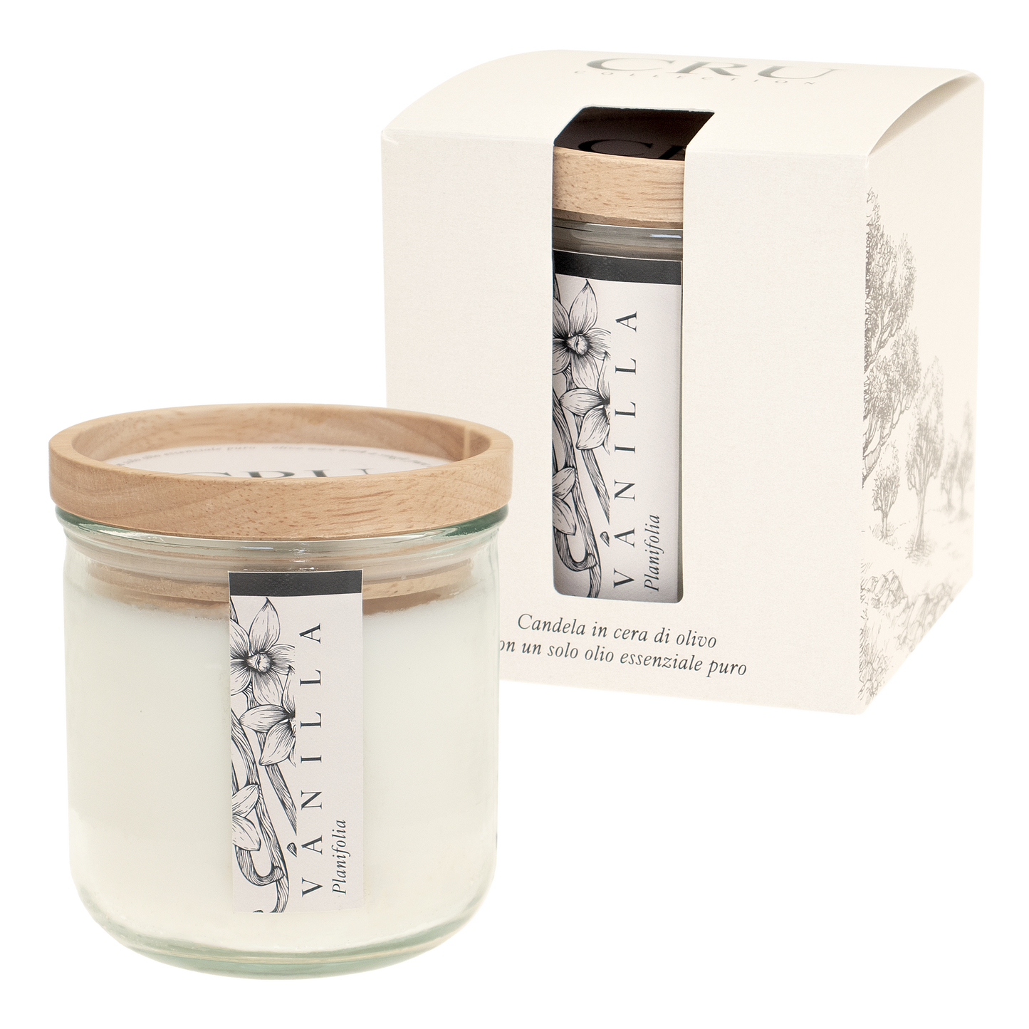 CRU: CANDELA CERA OLIVO 250g con un solo olio essenziale