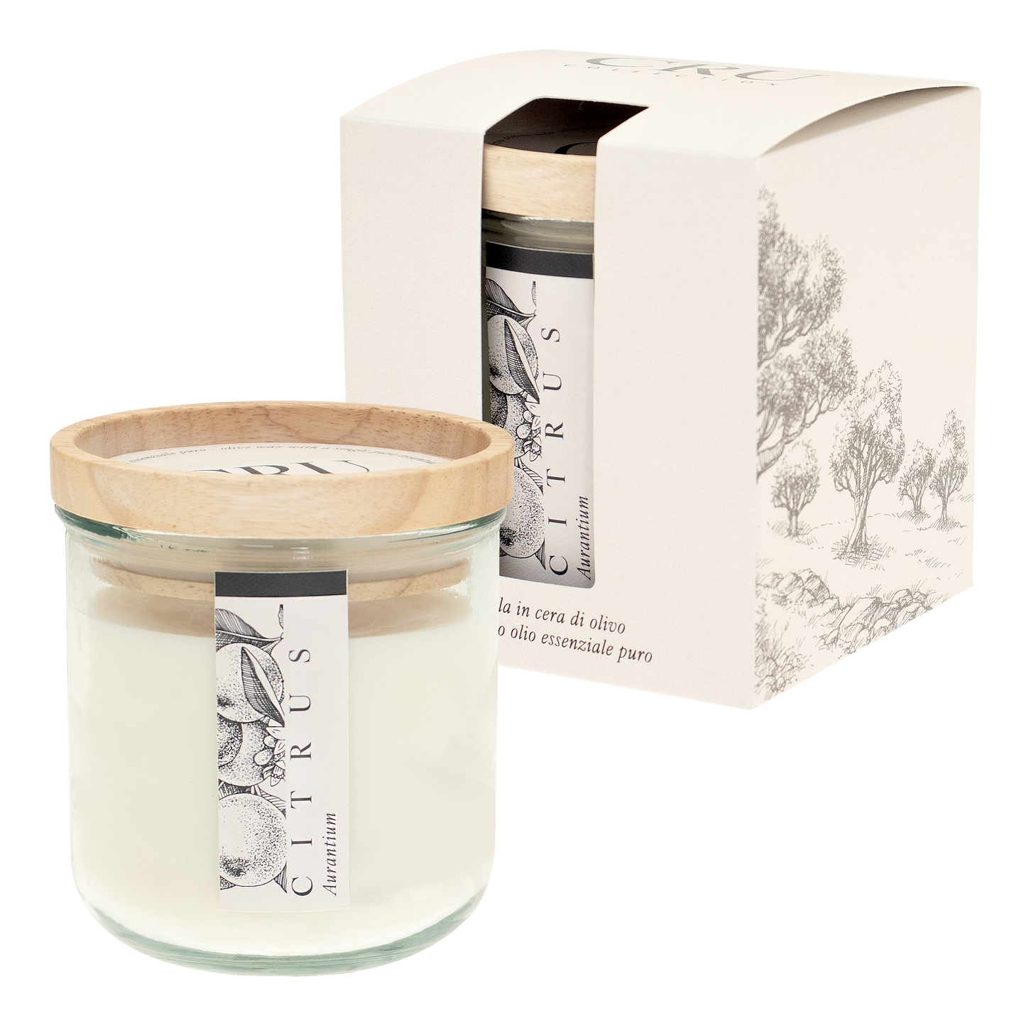 CRU: CANDELA CERA OLIVO 250g con un solo olio essenziale