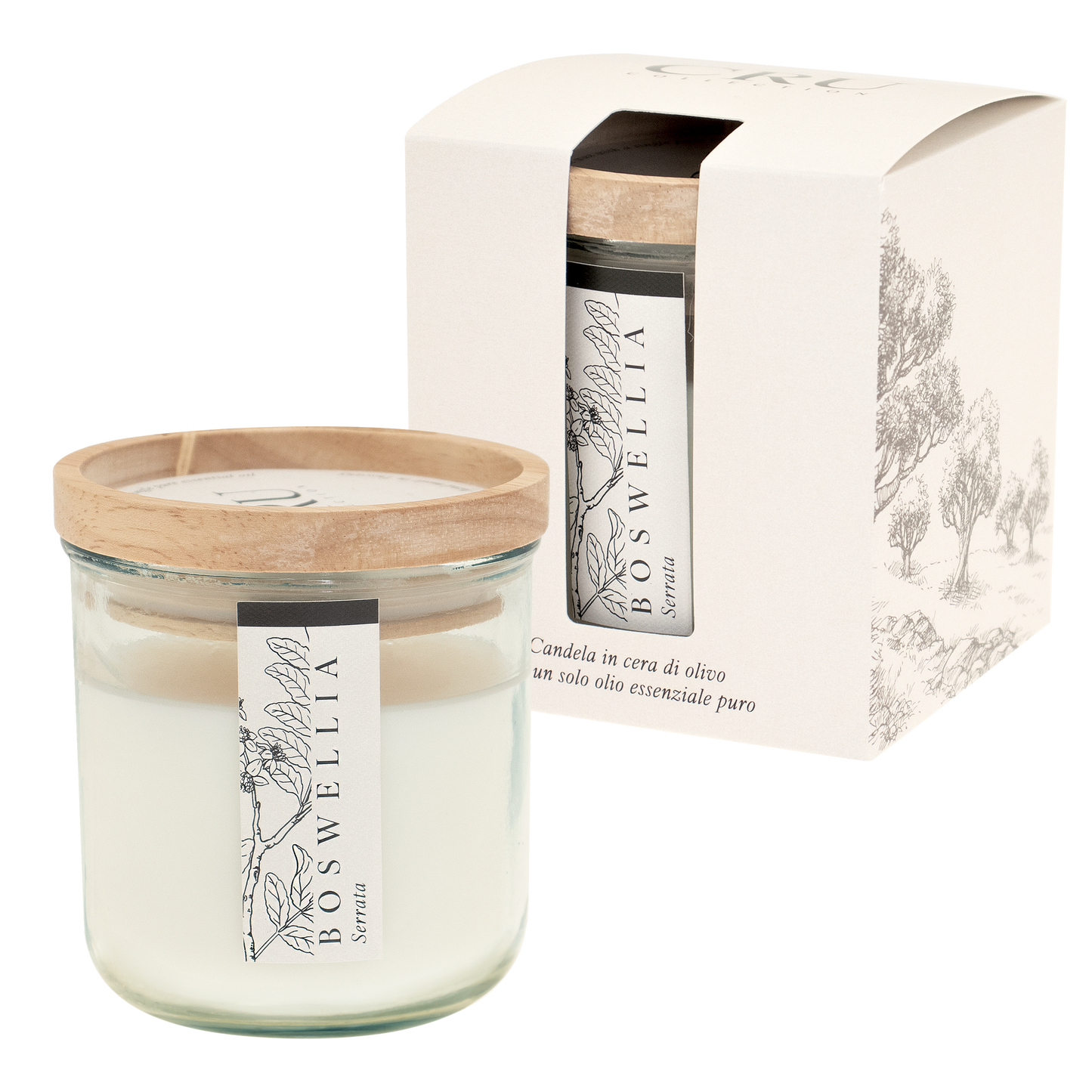 CRU: CANDELA CERA OLIVO 250g con un solo olio essenziale