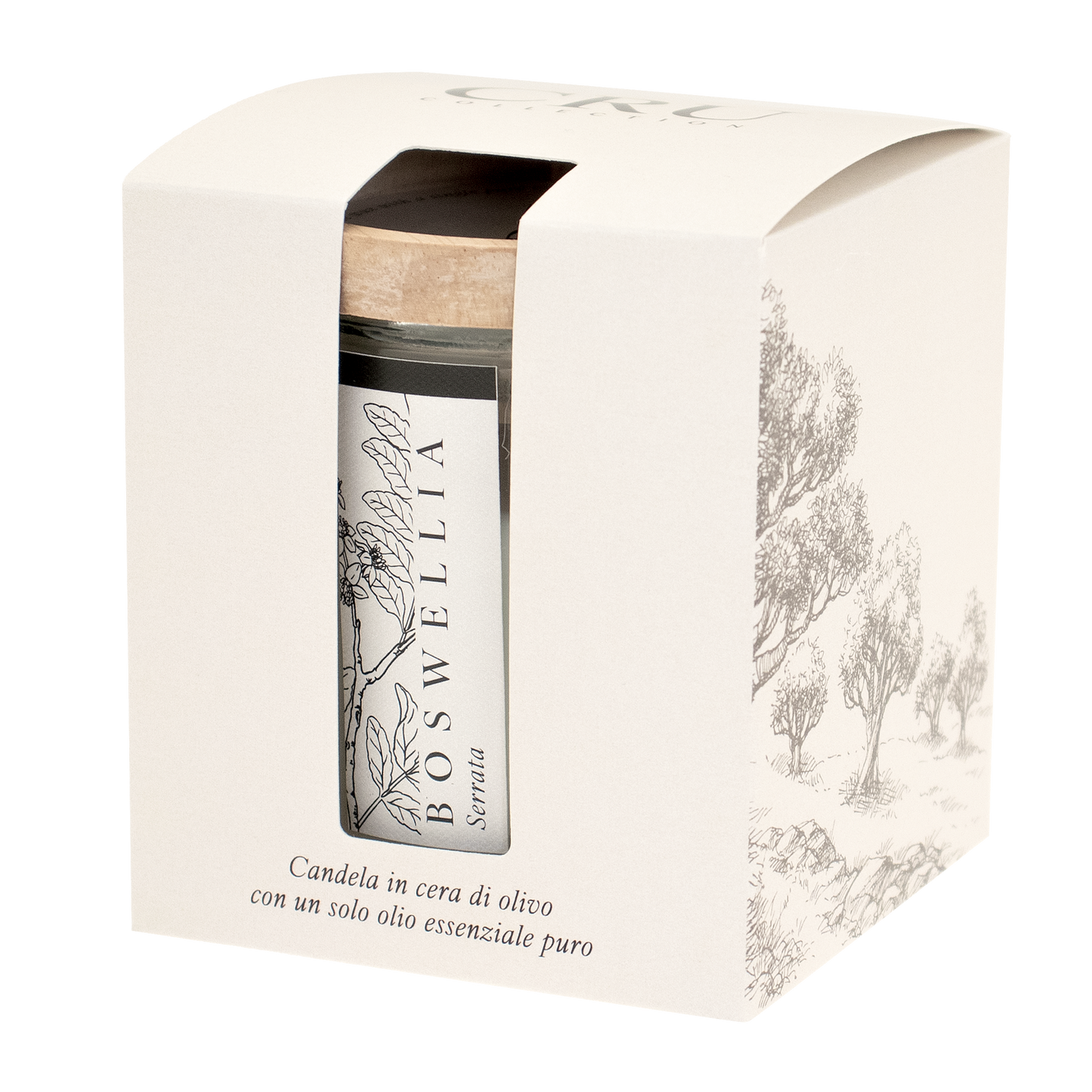 CRU: CANDELA CERA OLIVO 250g con un solo olio essenziale